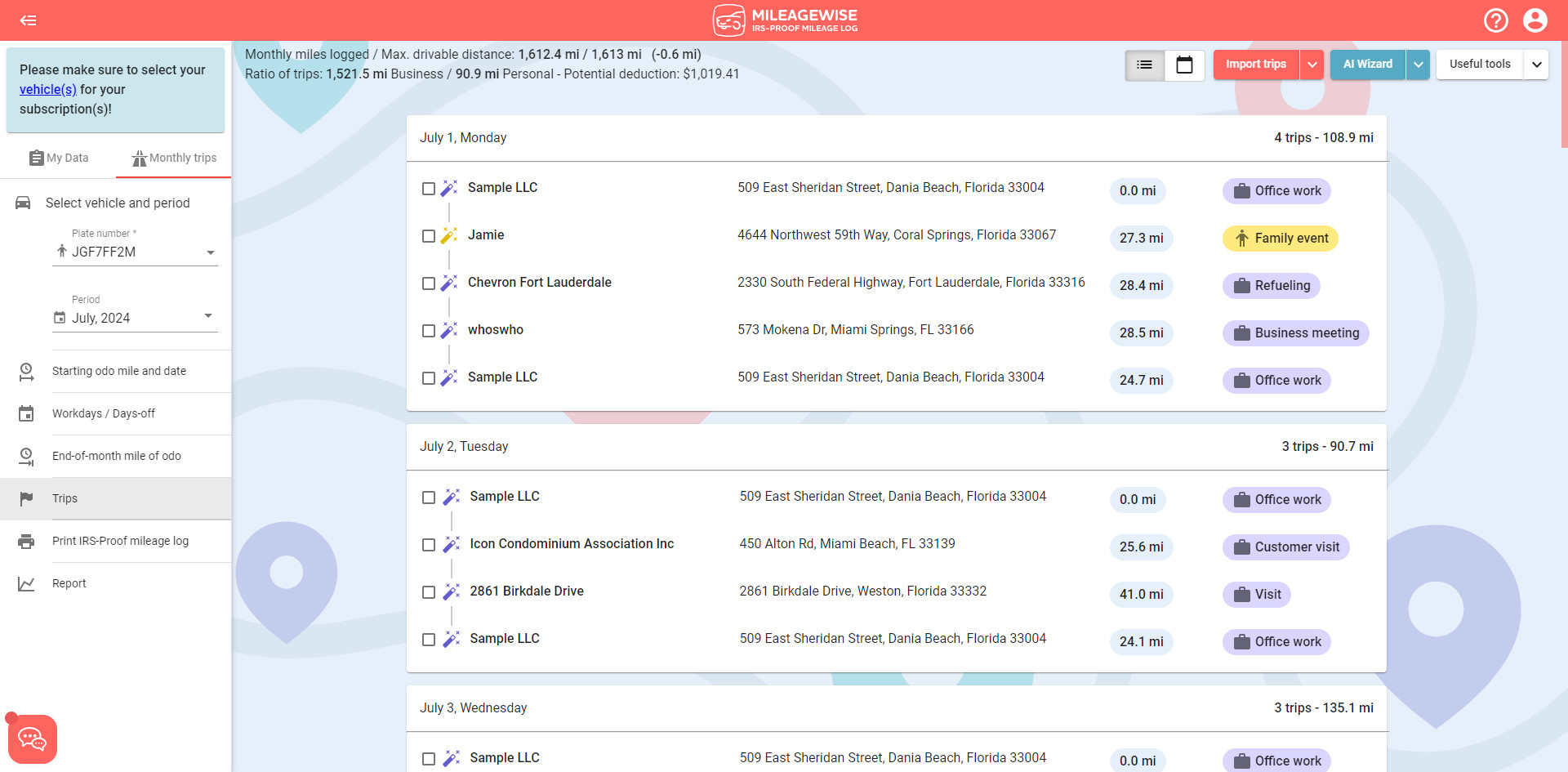 mileage log list view