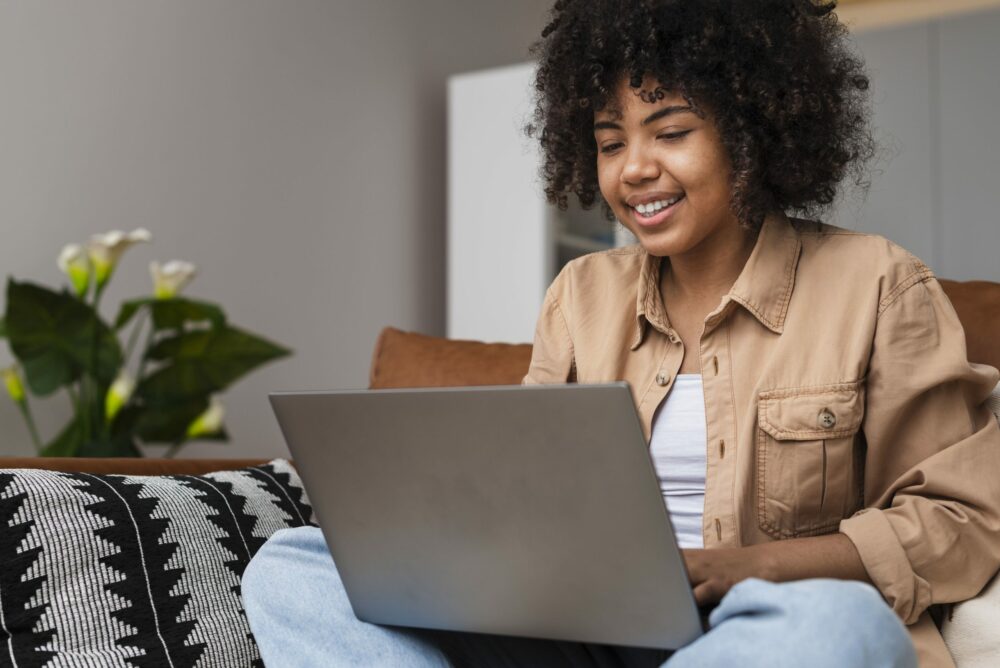 Self-employed woman easily calculating her 1099 taxes