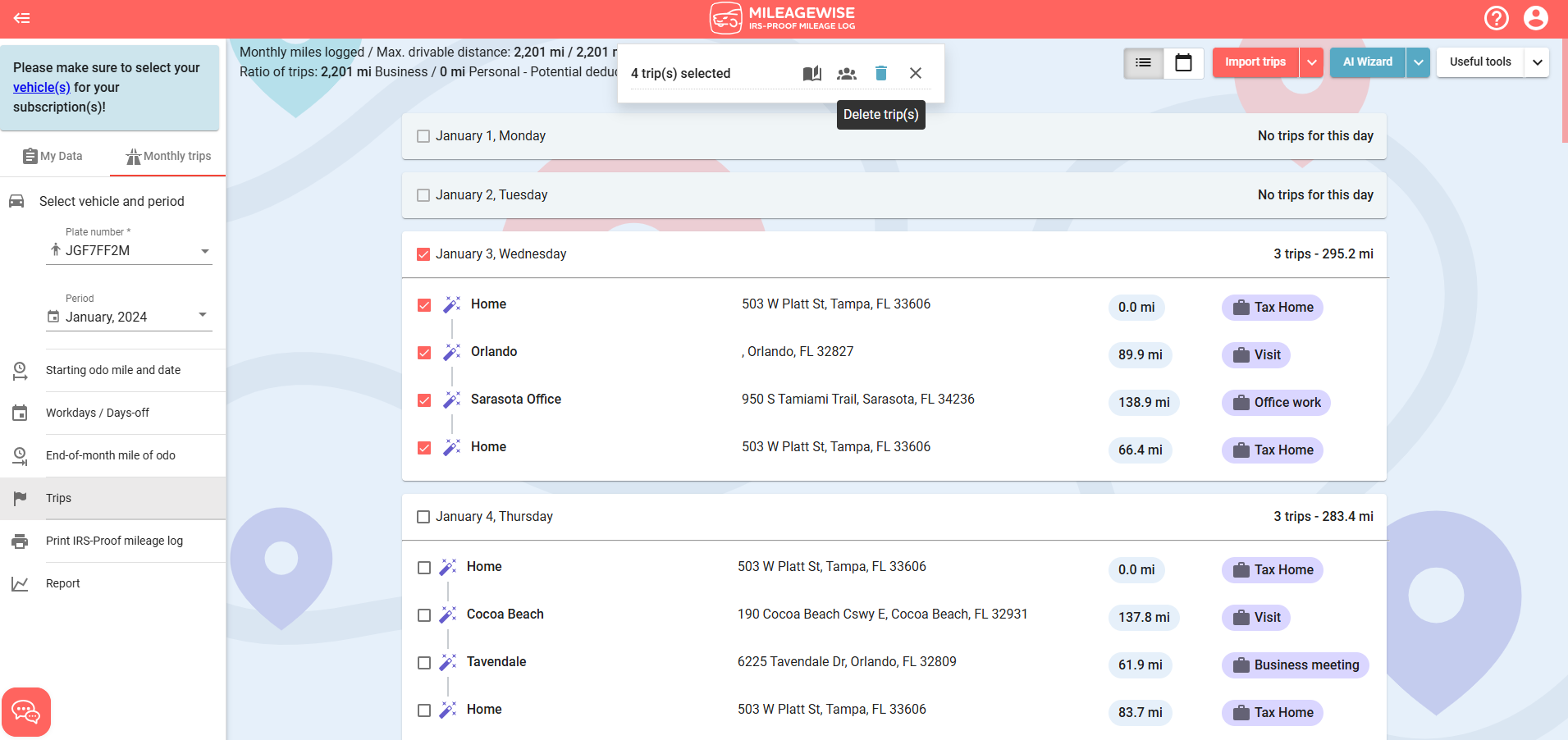 delete daily trips mileage log