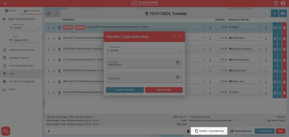 transfer trips to another vehicle mileage log